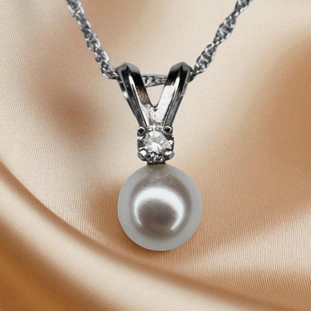 14K White Gold- 6mm Akoya Pearl & Diamond Necklace -18" -Solitaire Pendant -1g